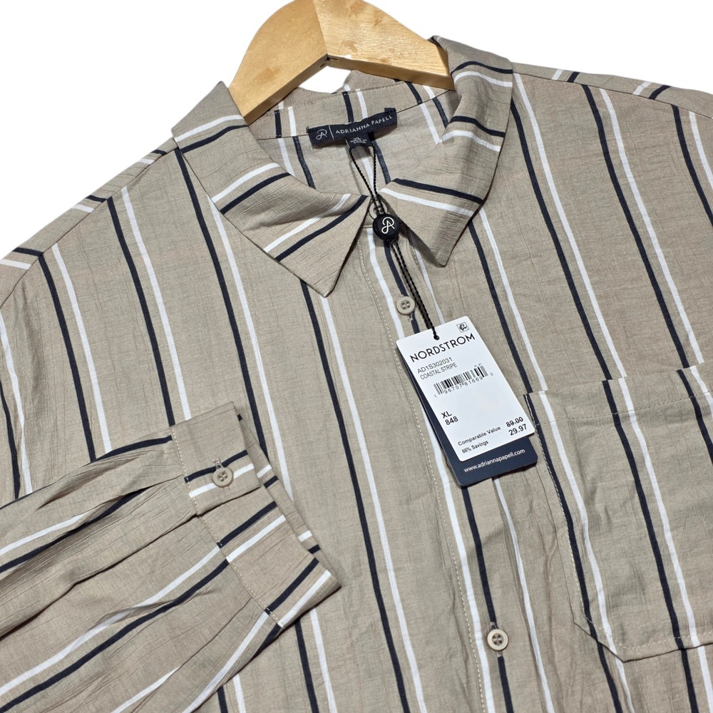 NEW Adrianna Papell Shirt Women XL Tan Coastal Stripe Button Oversized High Low